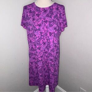 J Jill Wearever purple paisley knit loose fit shift dress shortsleeve Med Petite